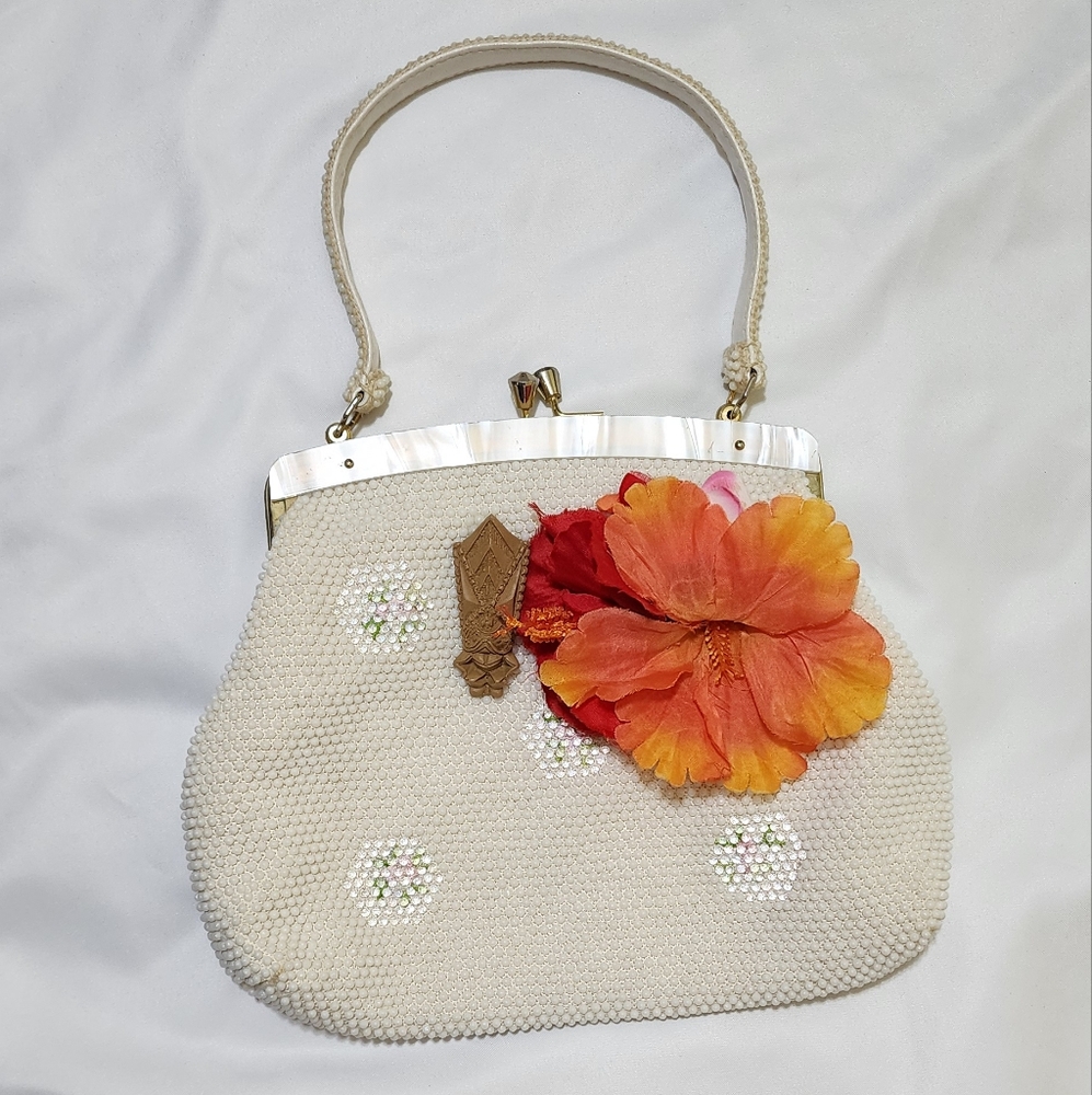 White Off white Embellished Candy Embellished Floral Tiki Handbag